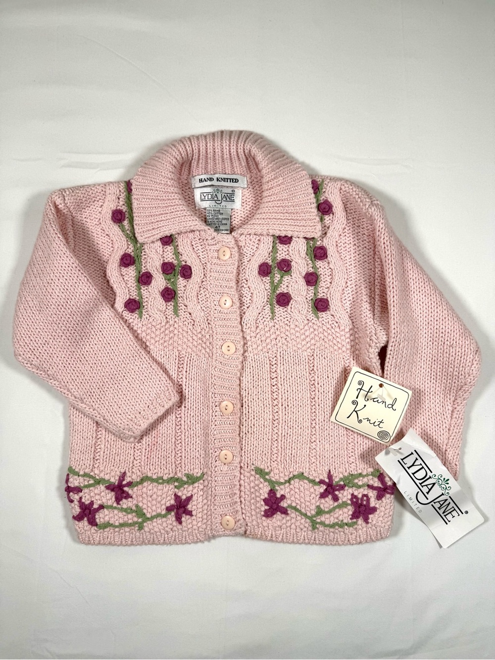 VINTAGE NWT LYDIA JANE Girls Hand Knit Floral Cardigan 4T Cottagecore 90s NEW
